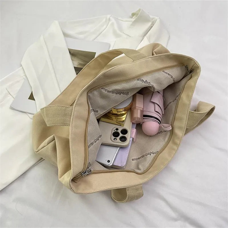 Cyflymder  Letter Printed Tote Bag, Cute Cartoon Canvas Handbag Shoulder Bag, Large Capacity Shopping Bag, Campus Computer School Book Bag
