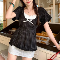 Cyflymder  Polka Dot Stylish Bow Waist Shirts Female clothing Two Piece Set Summer New Square Collar Vintage Short Sleeve Lace Folds Blouse