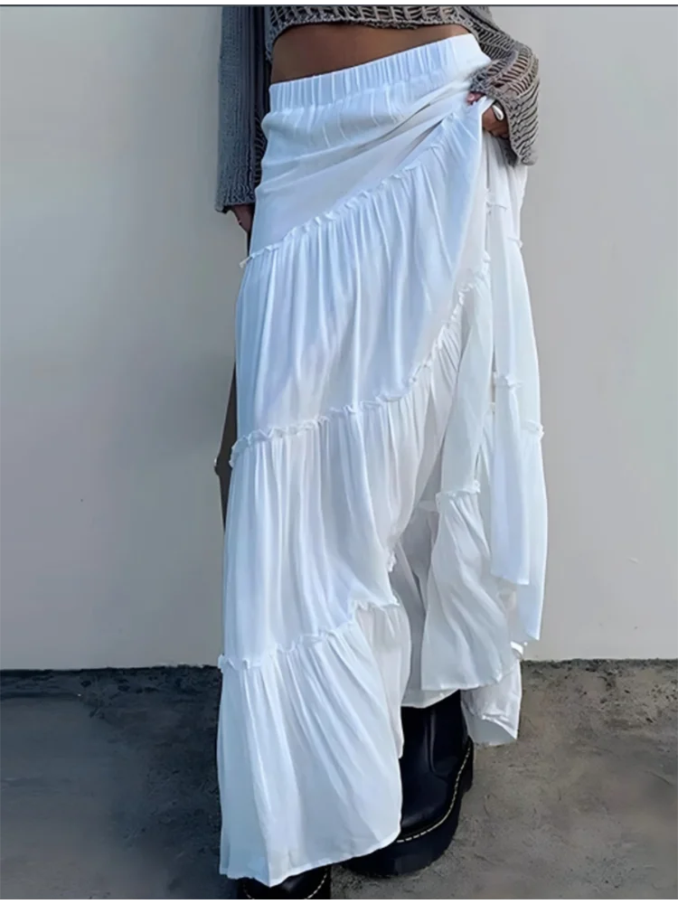 Cyflymder  White Long Dresses 2025 Woman Pleate High Waist Ruffle Edge Skirt Fashionable Autumn Shoujo Girl Aesthetic Cake Skirt