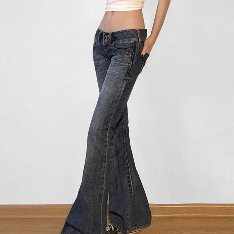 Cyflymder  American Retro Low Waisted Washed Jeans Women Streetwear Y2K Slim Fit Flared Pants Mujer Fashion Button Pockets Denim Trousers