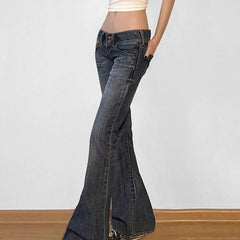 Cyflymder  American Retro Low Waisted Washed Jeans Women Streetwear Y2K Slim Fit Flared Pants Mujer Fashion Button Pockets Denim Trousers