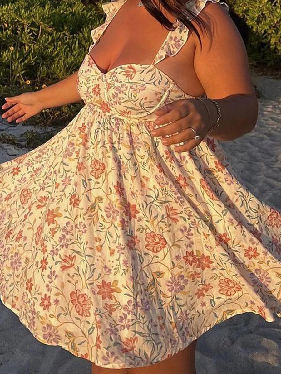 Cyflymder  Women V-Neck Maxi Dress Sleeveless Ruffle Floral Print Boho Beach Dress Summer Casual Long Dress with Pockets
