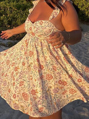 Cyflymder  Women V-Neck Maxi Dress Sleeveless Ruffle Floral Print Boho Beach Dress Summer Casual Long Dress with Pockets