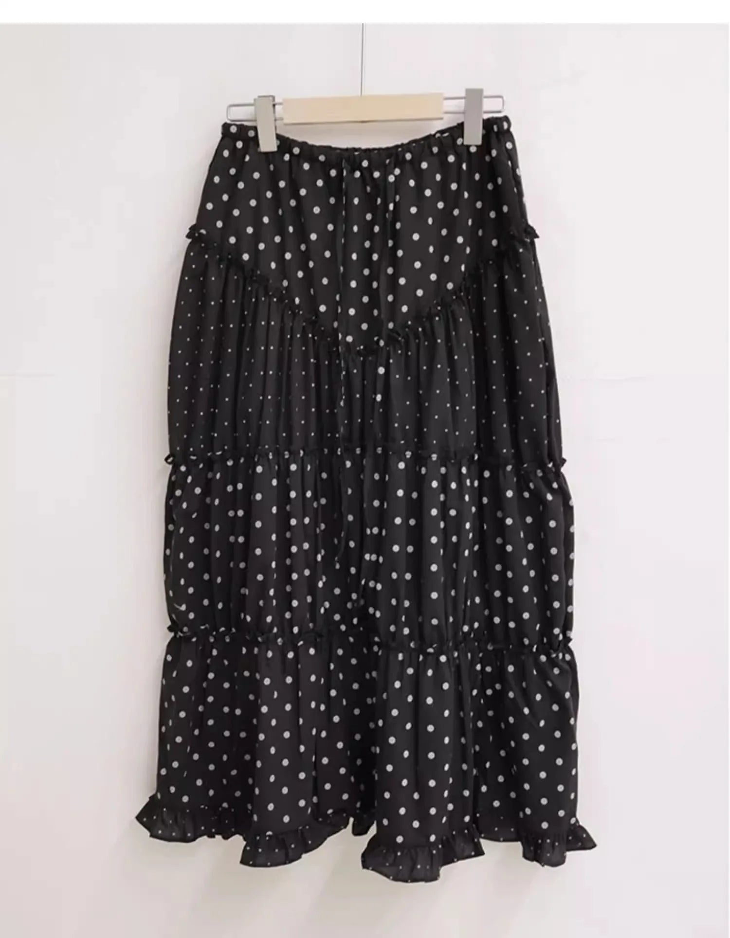 Cyflymder  Oxygen Girl Retro Polka Dot f-length Skirt with Pleated Lace Elastic Waist A-line Mid-length Commute Sle Summer 2025