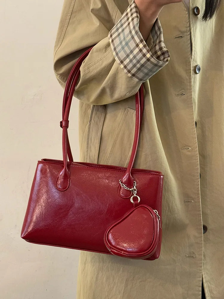 Cyflymder  Korean Long Handle Shoulder Bag, Large Capacity Women's Commuting Tote Bag, Fashionable and Elegant Wine Red Bridal Bag