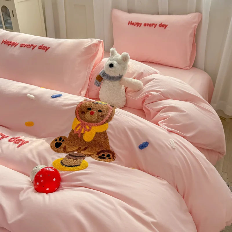 Cyflymder  New Cartoon Embroidery Bed Sets Super Soft and Cute Bedding Set for Kids Adults Comforter Cover Kit for Single and Double