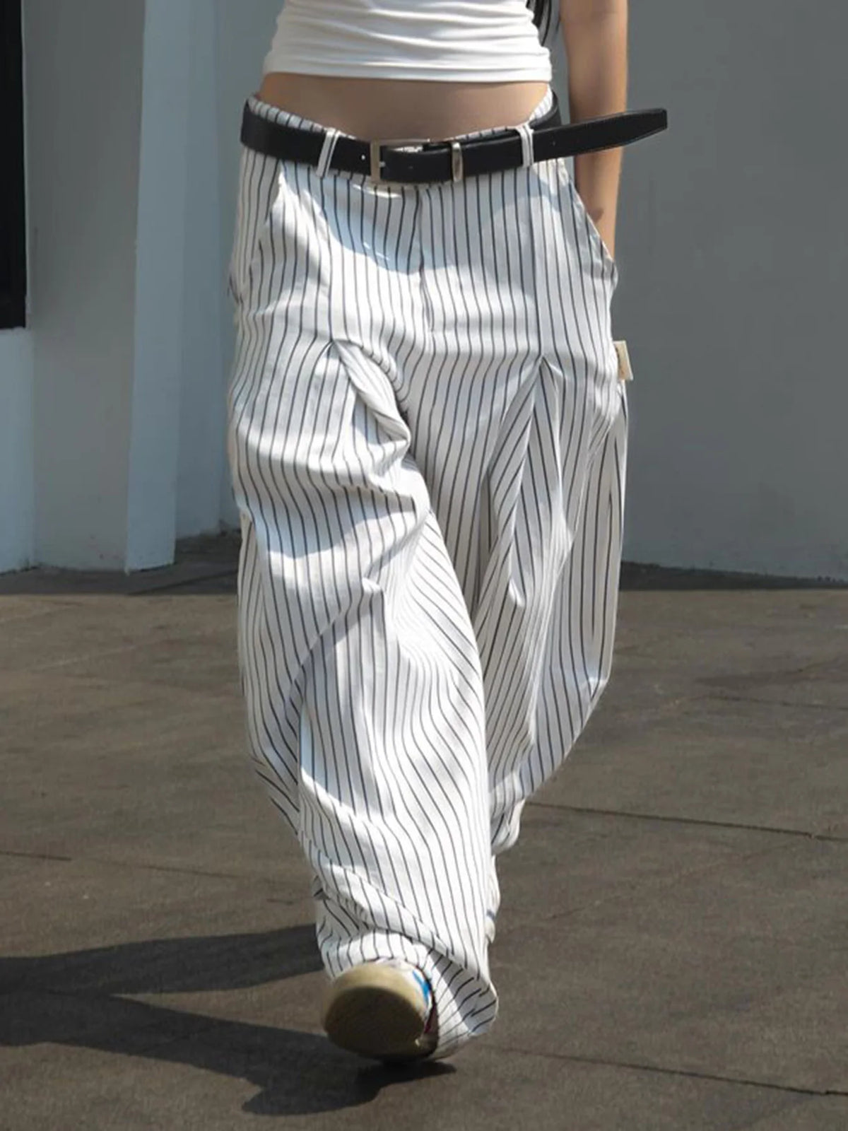Cyflymder  Casual Folds Striped Wide Leg Pants Basic Loose Low-Waisted Straight Pants Women Summer Fashion Streetwear Ladies