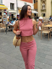 Cyflymder   Women Summer Fashion Versatile Stand Collar Zipper Sleeveless Short Top+Zipper High Street Casual Straight Long Pant Set