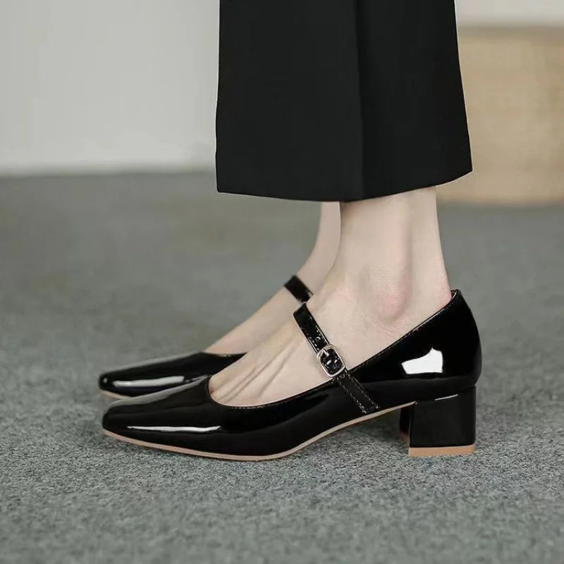 Cyflymder Summer New Square Head Solid Color Large Shallow Mouth Flat Button Strap Bright Leather Face Women's High Heel Single Shoes