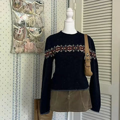 Cyflymder  Women Y2K Fair Isle Knit Sweater Long Sleeve Round Neck Geometric Pattern Cropped Pullover Autumn Vintage Casual Top