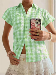 Cyflymder  Women s Button Down Shirt Casual Contrast Color Plaid Lapel V Neck Short Sleeve Tops for Summer