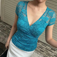 Cyflymder  Vintage V-neck Slimming Short Sleeve Lace T-Shirts Women's Sexy Sheer Double Layers Hook Floral Top Tees Fashion Clothes