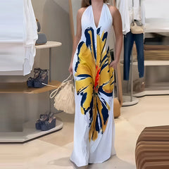 Cyflymder  Fashion Sleeveless Holiday Women Dress 2025 Floral Print Sleeveless Loose Long Dress Lady Sexy Halter V Neck Pocket Beach Dress