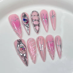 Cyflymder  10Pcs Gold Line Handmade Almond Press on Nails Rhinestone Full Cover Fake Nails Metal Manicure Wearable Artificial Nail Tips Art