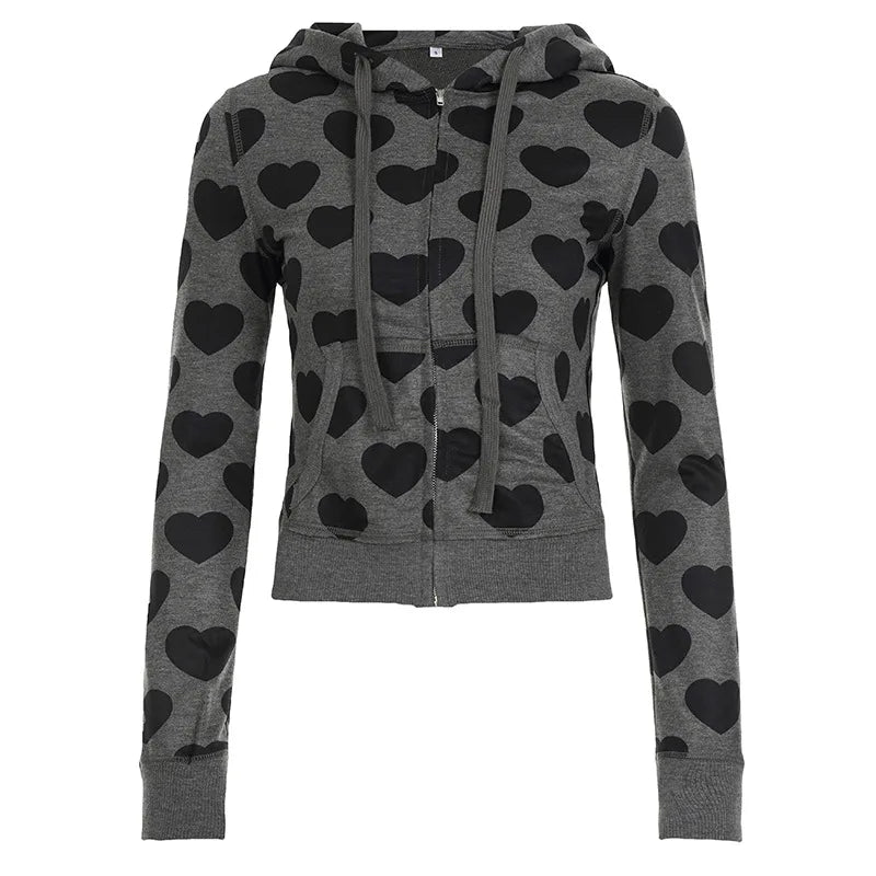 Cyflymder  Niche Fashion Design Vintage Bow Print V Neck Hooded  Y2k American Sweet Cool Zip Up All Match High Street Coats Casaul Cardigan