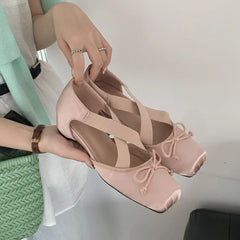 Cyflymder  Women's Elegant Pink Satin Ballet Shoes Square Toe Cross Strap Polka Dot Bow Mary Jane Shoes Inside Mid Heel Casual Pumps