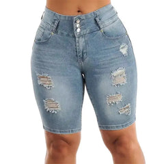 Cyflymder  Fashion Slim Sexy Hip Lift Denim Shorts Women Three Buttons Splice High Waist Three Quarter Pants Female Broken Holes Mini Jeans