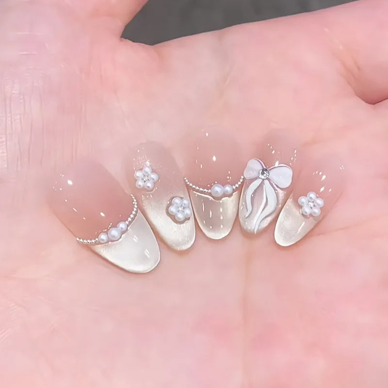 Cyflymder   24Pcs Pink Bowknots Simple Press on Nails Sweet Cool Cat's Eye False Nails French Style Almond Ballet Fake Nail Tips Detachable