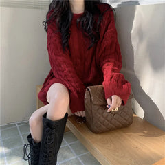 Cyflymder  Korean Thicken Knitted Sweater for Women Long Style Vintage Loose Red Outwear Pullover