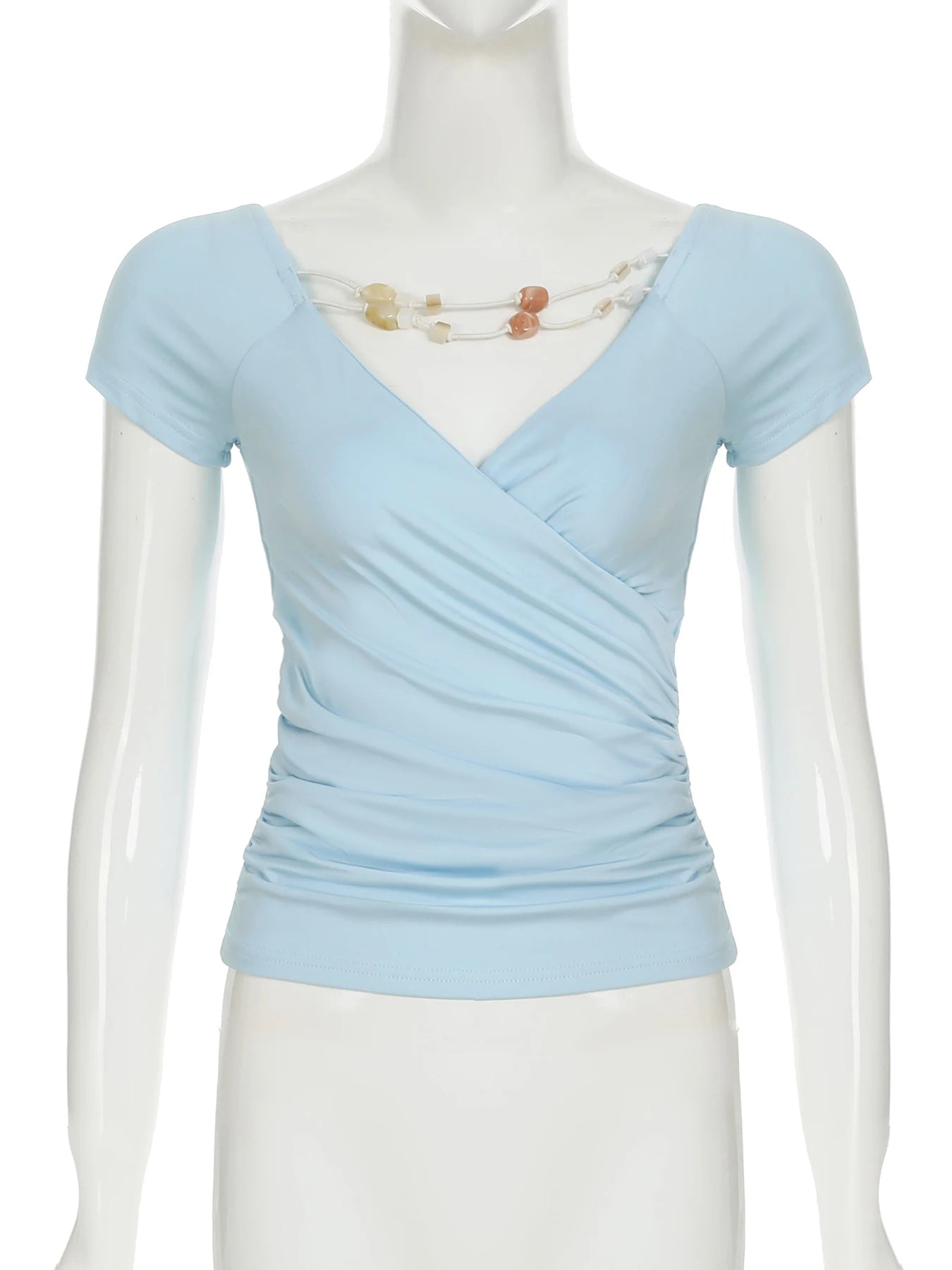 Cyflymder  Holiday Slim Folds Cropped T Shirt Casual Sexy Deep V-Neck Short Sleeve Tees Women 2025 Summer Fashion Streetwear Ladies