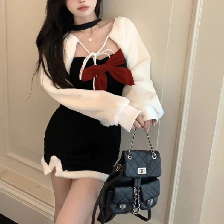 Cyflymder holiday dress Japanese Kawaii 2 Piece Set Women Sexy Sweet Bow Party Mini Dress Plush Cropped Coat Suit Female Korean Fashion Princess Dress