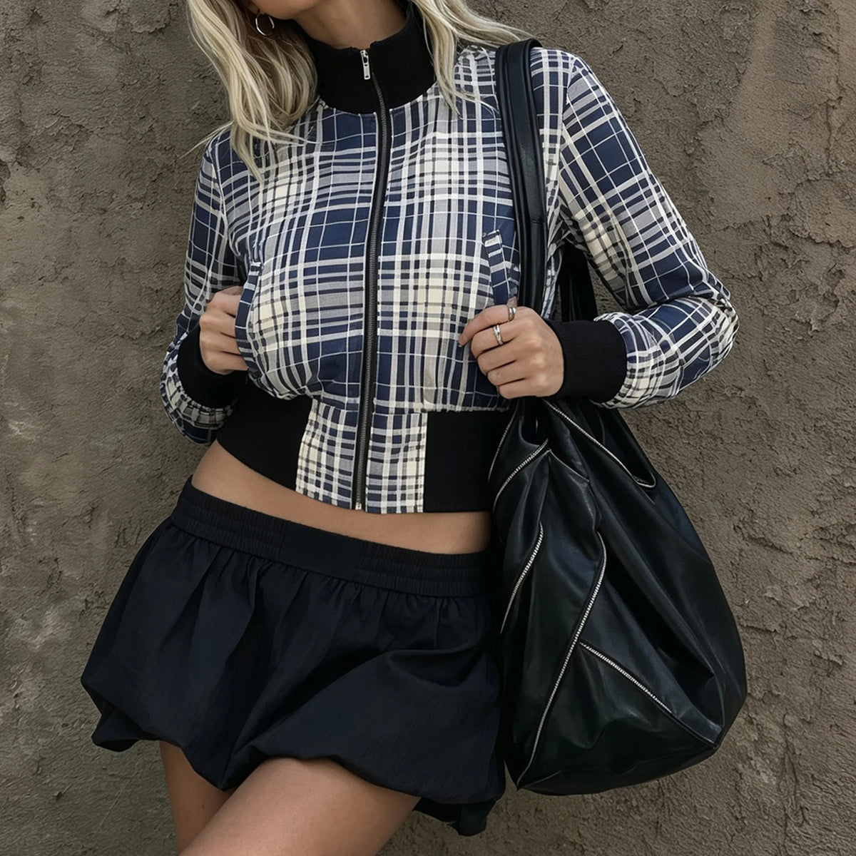Cyflymder  Women Plaid Cropped Zip Up Knitted Hooded Jacket Long Sleeve Stand Collar Color Block Ribbed Hem Y2K Casual Short Outerwear