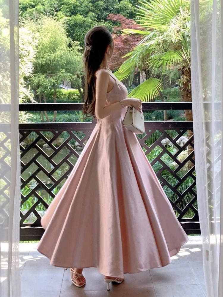 Cyflymder  Elegant Satin Midi Dresses for Women Sleeveless High Waist Evening Party Dress A-line Prom Robe Korean Fashion Summer Vestidos