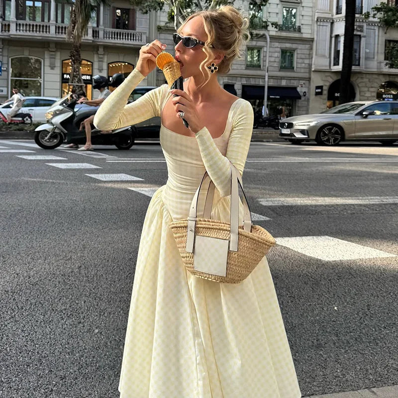 Cyflymder  Plaid Long Sleeve Pleated Maxi Dress For Women Autumn Fashion Square Collar High Waist A-line Club Party Long Dress New