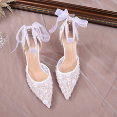 Cyflymder Size 33-42 Summer Beaded Women White Wedding Shoes Ankle Strap Pointed High Heel Pumps