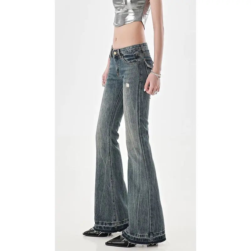 Cyflymder American High Street Spicy Girls Low Waist Jeans Women Autumn Vintage Y2k Design Sense Slim Fit Straight Tube Micro Flare Pants