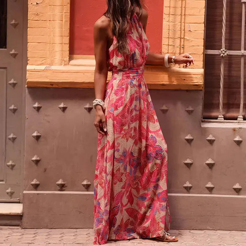 Cyflymder   Vintage Hollowed Out Loose Holiday Dresses Bohemian Style Sleeveless Lace Up Long Dress Casual Floral Print Pleated Beach Dress