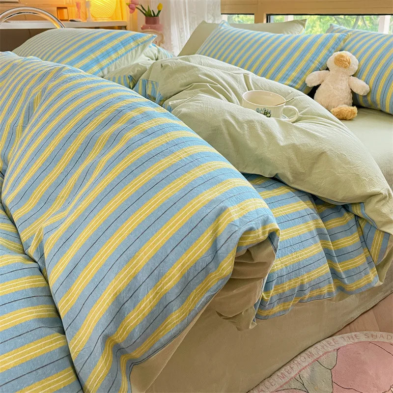 Cyflymder  Class A 100% Cotton Striped Bedding Sets Yarn Dyed Washed Cotton Breathable Duvet Cover Kit Single Bedclothes for All Seasons