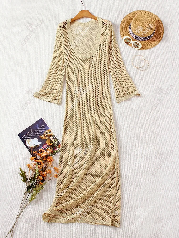 Cyflymder  Sexy U-neck Bell Sleeve Knit Maxi Dress Summer 2024 Women Swimwear Feminine Bikinis Cover-ups Holiday Crochet Beach Outfit K21
