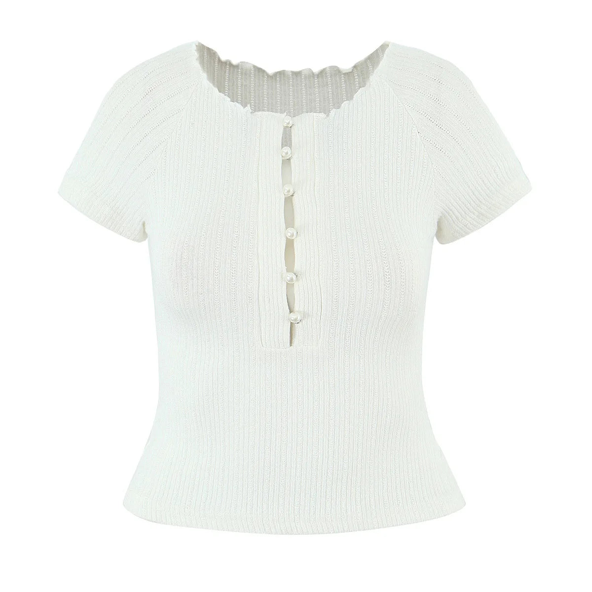 Cyflymder  Retro O-neck Pearl Button Shirt Women's Summer Short-sleeved Slim Knited T-shirt Top Fashion Female Clothes