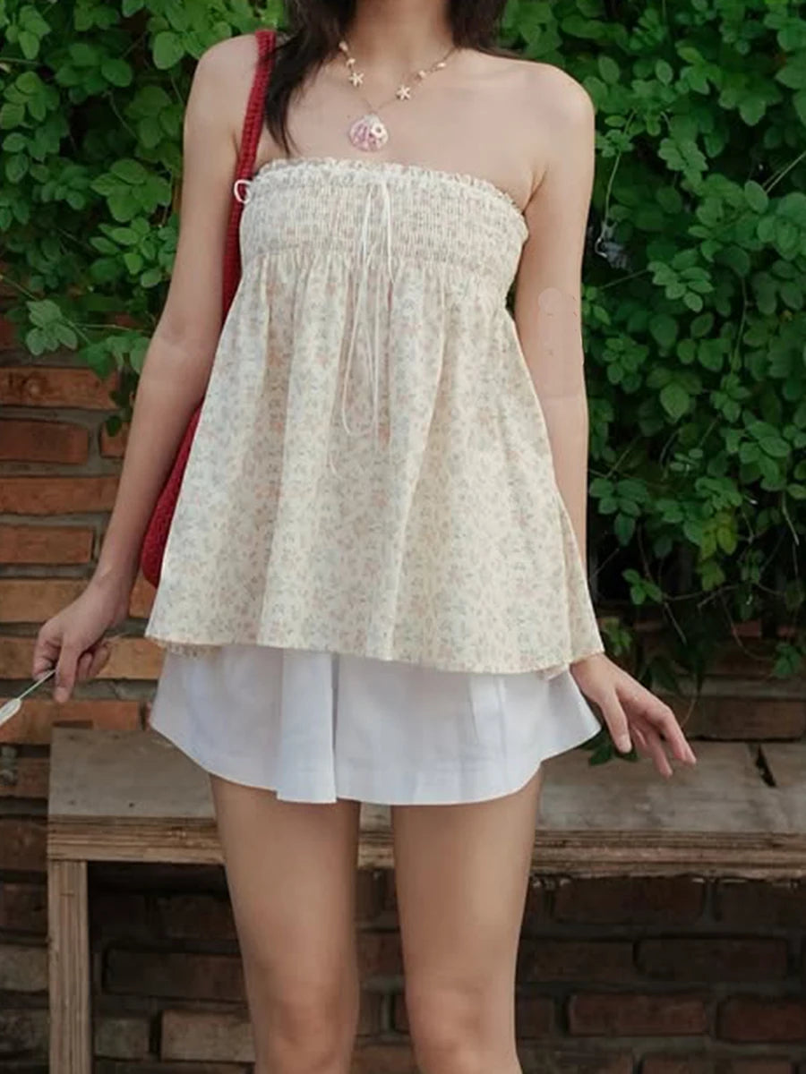 Cyflymder  Women s Floral Print Strapless Tube Top with Pleated Detailing Backless Design and Perfect for Summer Clubwear