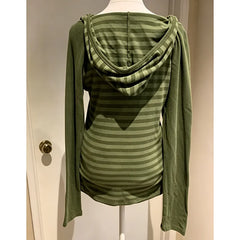 Cyflymder  Striped Retro Hooded Long Sleeved Women's Street Top Henry Half Button Y2K Casual Stretch Green Street Shirt Punk Gothic