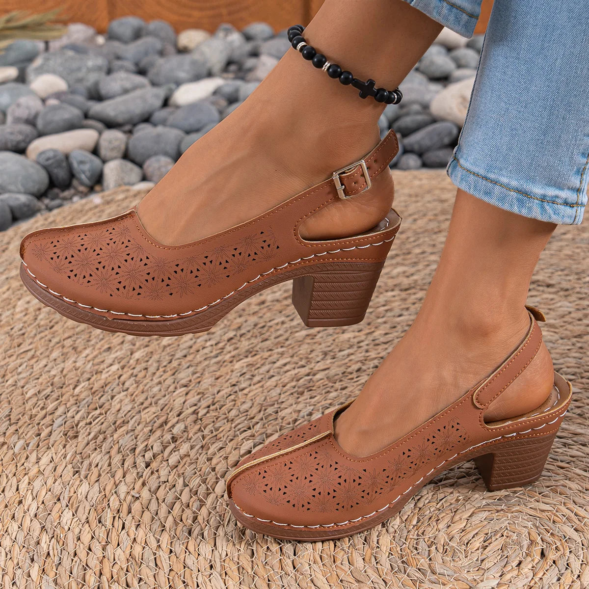 Cyflymder  Summer New Women High Heel Sandals Comfortable Rubber Sole Shoes Large Size 43 Roman Style Round Toe PU Leather Slip-On Sandals