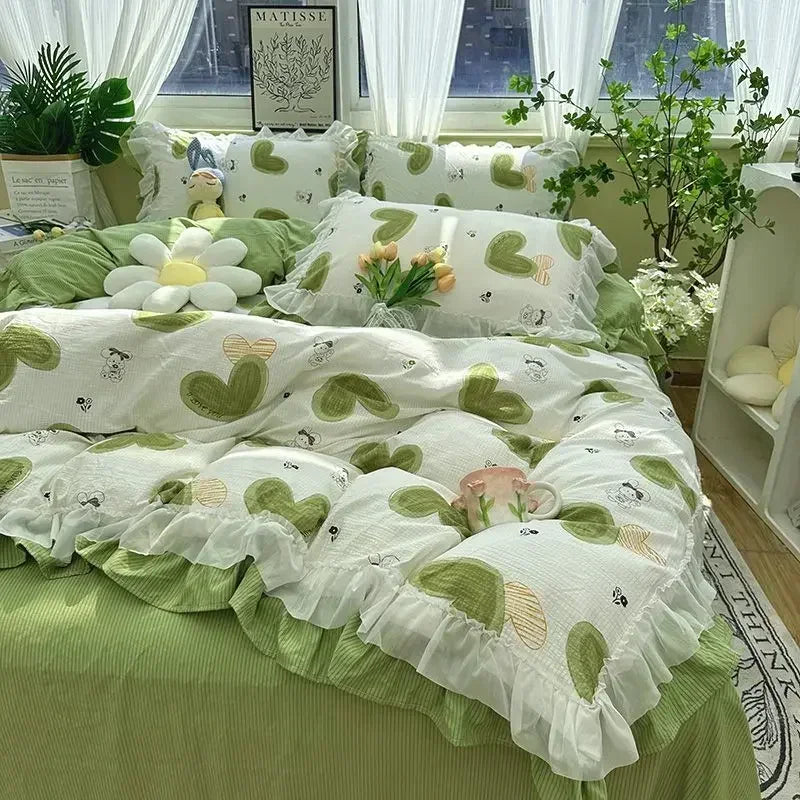 Cyflymder  Romantic French Flowers Lace Ruffles Bedding Set Washed Cotton Duvet Cover Bed Flat Sheet Pillowcases Girls Couple Bed Linens