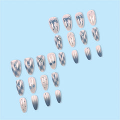 Cyflymder  24pcs Glossy Almond False Nails Blue Gray Gradient Bowknots Shiny Sequins Diamond Press On Nails Ins Style Plaid Fake Nail Tips