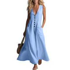 Cyflymder  Minimalist Solid Color Summer Dress Women V Neck Diagonal Button Down Sleeveless Tank Dress With Pocket Elegant Office Dresses