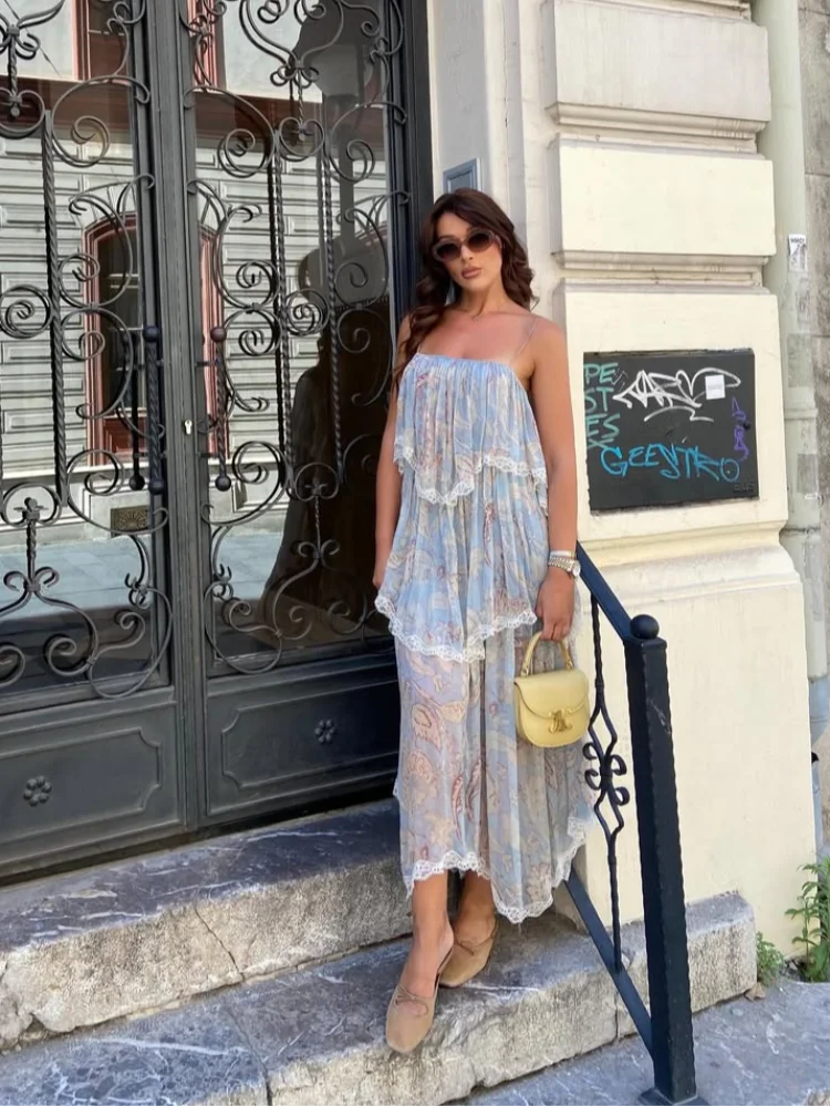 Cyflymder  Bohemian Ruffles  Floral Print Ruffles Evening Dress Casual Vacation Style Long Dress Fashion Irregular Patchwork Suspender Robe
