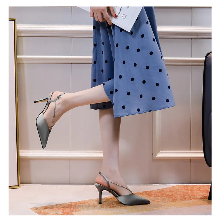 Cyflymder  Pointed Heel Sandals Black Shoes for Women Beige High 2025 Girls Closed Clear Comfort Rhinestone Low Buckle Strap PU Casual Micr