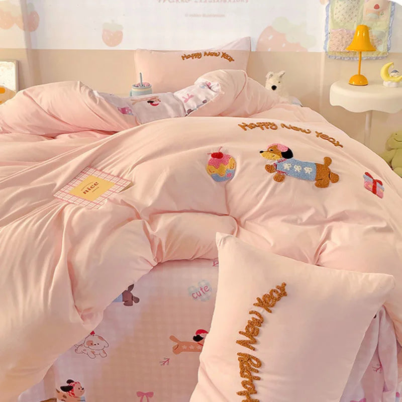 Cyflymder  Cartoon Printed Cloud Cotton Bedding Soft Set Sweet Washed Skin-Friendly Bedclothes Sets Single Textile Supplies for All Seasons