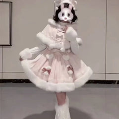 Cyflymder  Japanese Sweet Lolita Style 2 Piece Set Women Kawai Bow Bunny Hooded Cloak Coat Pink Plush Party Mini Dress Korean Y2k Cute Suit