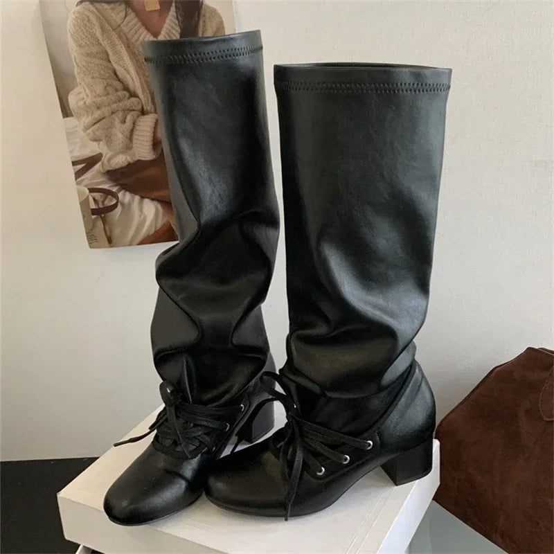 Cyflymder  Soft Leather Lace Up Pleated Knee High Boots for Women Round Toe Square Low Heels Long Booties Ladies Autumn Winter Shoe Female