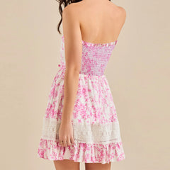 Cyflymder  Tube Top Dress for Women Summer Boho Vintage Strapless Floral Mini Dresses Off The Shoudle Ruffle Beach Dress