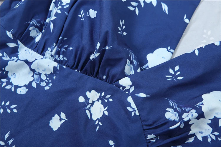 Cyflymder  Street Floral Print Maxi Dress Women v-Neck Ribbon Long Sleeve Folds Elegant Daily Autumn Trend Chic Prom Party Vestidos