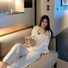 Cyflymder  New Fashion Casual Loose Cardigan Long-sleeved Home Wear Can Be Worn Outside Polka Dot Pajama Women Three-piece Set Autumn