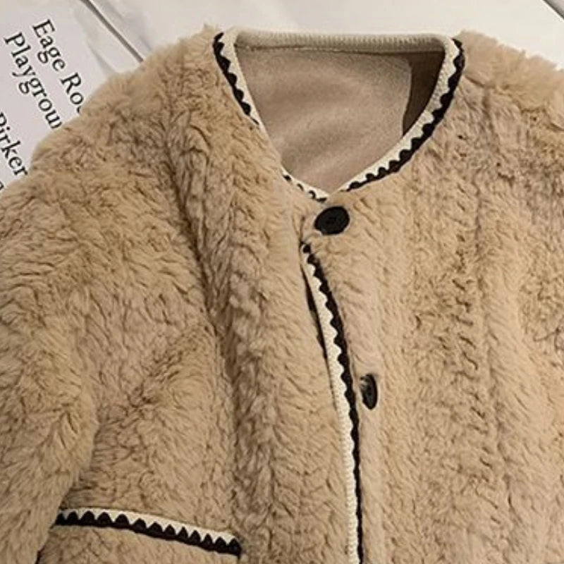 Cyflymder  Lamb's Wool Jacket Women Faux Fur Jacket Trends Design Short Tops Autumn Winter New Loose Plush Top Long Sleeve Single-breasted