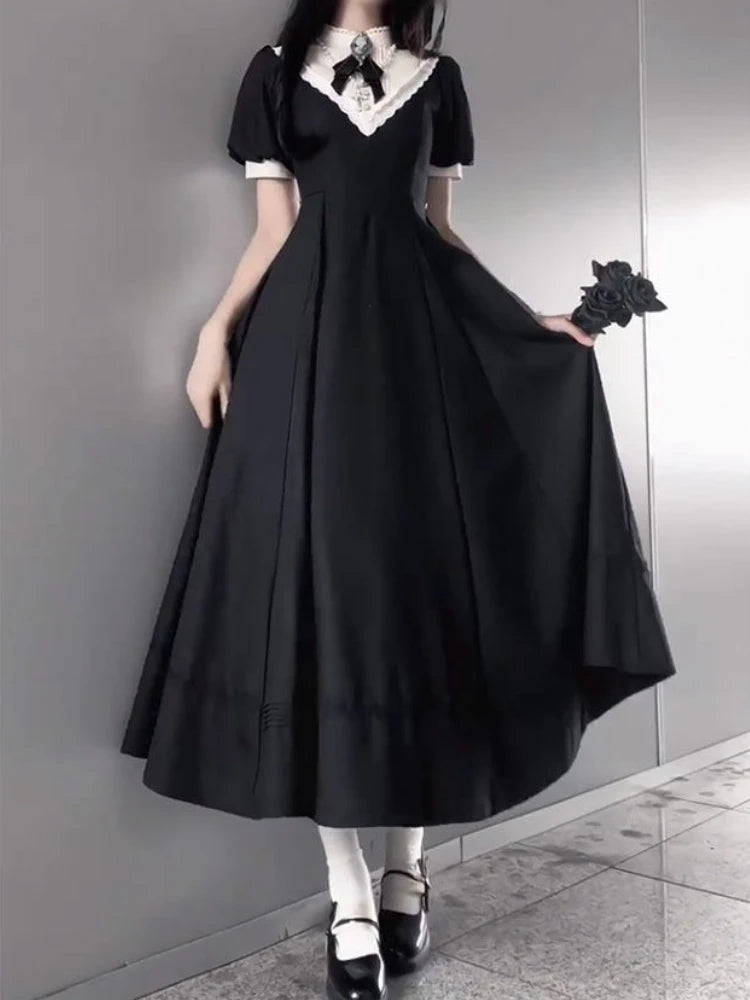 Cyflymder  Elegant Spliced O Neck Short Sleeve A-line Long Dress Y2k Euramerican High Street Gothic Women Dress Vintage Lolita Punk Clothes